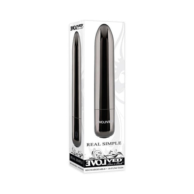 Sleek black chrome rechargeable bullet vibrator with tapered tip displayed in white packaging with decorative accents.