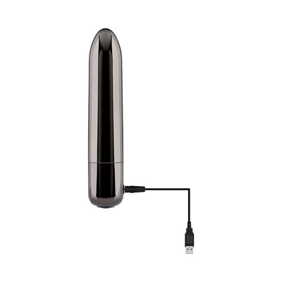 Sleek black chrome rechargeable bullet vibrator with USB charging cable on white background.