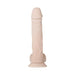 Realistic 9.5 inch poseable dildo with suction cup base in natural skin tone, soft and flexible design.