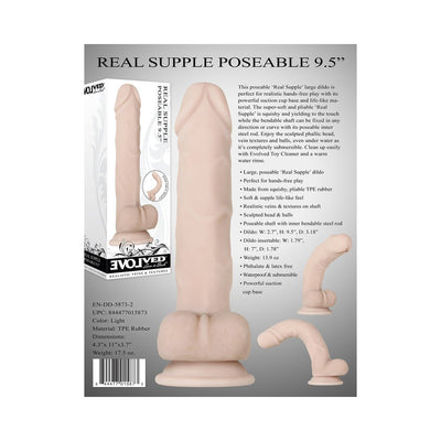 Real Supple Poseable 9.5 inch lifelike dildo with suction cup base shown straight and bent angles on product packaging background.