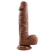 Realistic dark brown dildo with detailed veins and textured balls on a suction cup base.