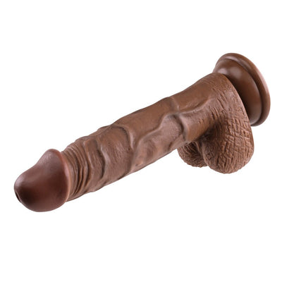 Realistic 8-inch dark brown dildo with textured veins, detailed head, balls, and suction cup base on white background.
