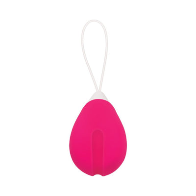 Pink rechargeable remote control vibrating egg with white retrieval loop against white background.