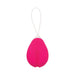 Pink rechargeable remote control vibrating egg with white retrieval loop against white background.