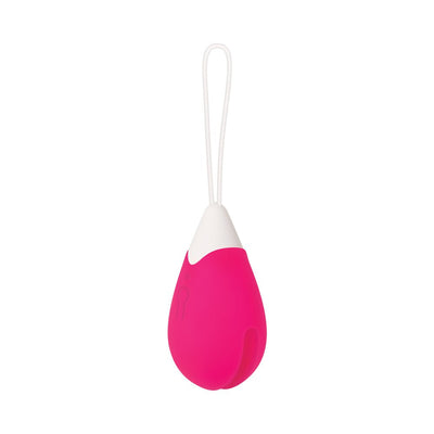 Pink rechargeable remote control vibrating egg with white loop and smooth silicone finish on white background.