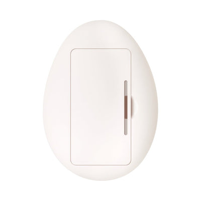 Top view of a smooth, oval-shaped white remote control for a vibrating egg with a battery compartment door.