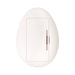 Top view of a smooth, oval-shaped white remote control for a vibrating egg with a battery compartment door.