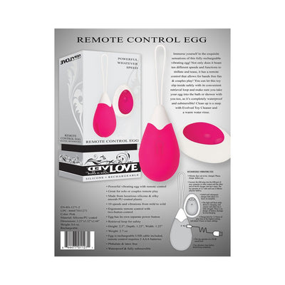 Packaging and product image of the Evolved Remote Control Egg in pink with white remote, highlighting features and USB charging details.