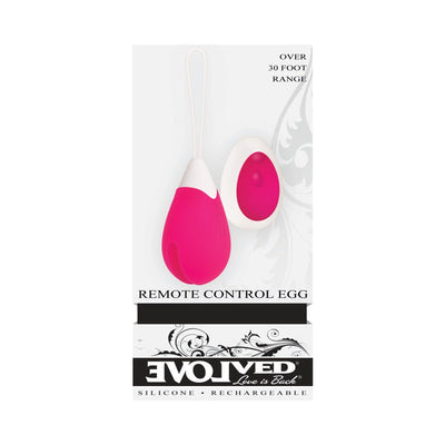 Pink silicone remote control vibrating egg with white remote on white decorative background packaging.