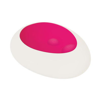 Compact white and pink remote control with smooth ergonomic design for the Evolved vibrating egg.