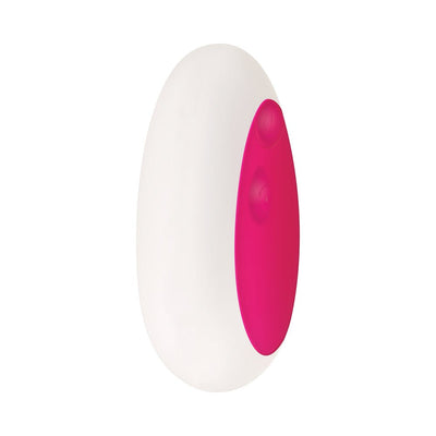 Compact white and pink remote control with ergonomic buttons for the Evolved Rechargeable Vibrating Egg.