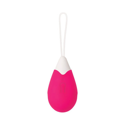 Pink teardrop-shaped remote control vibrating egg with white loop handle on a white background.