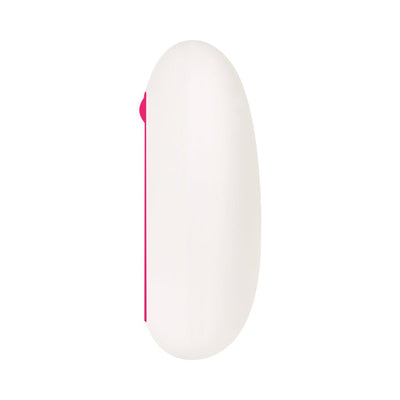 Compact white and pink rechargeable remote control vibrating egg with smooth finish and side button.