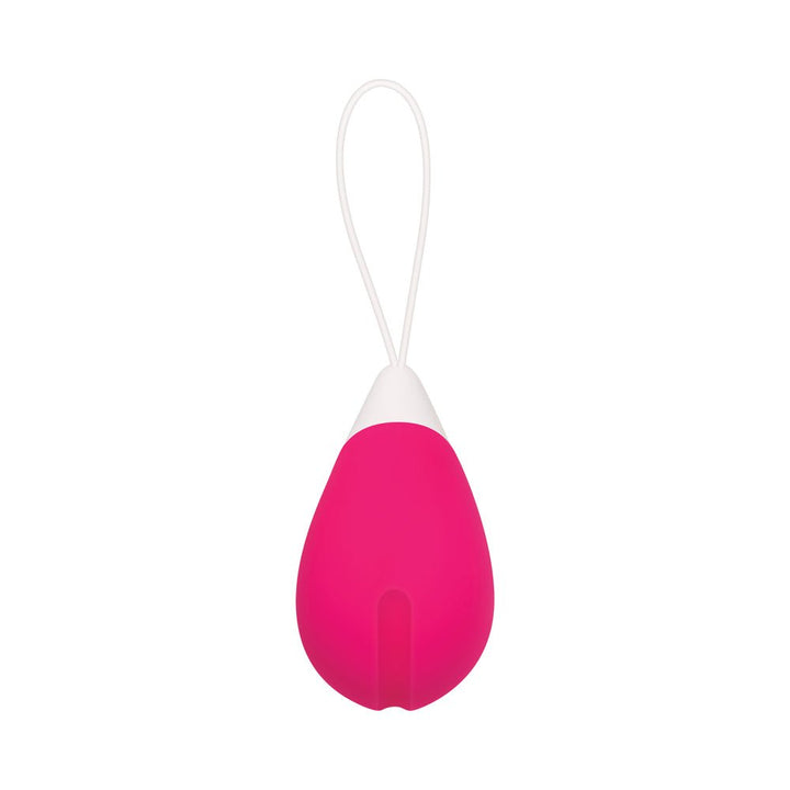 Pink rechargeable vibrating egg with white tip and safety retrieval loop on a white background