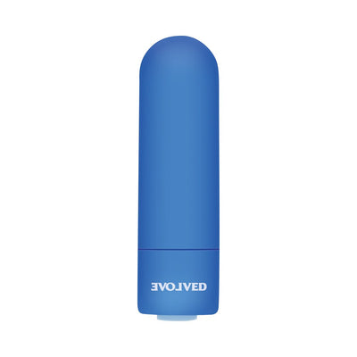 Compact blue rechargeable vibrating bullet with smooth silicone finish and Evolved logo on base.