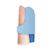Light blue silicone vibrating finger ring with textured tip worn on a finger, designed for targeted stimulation.