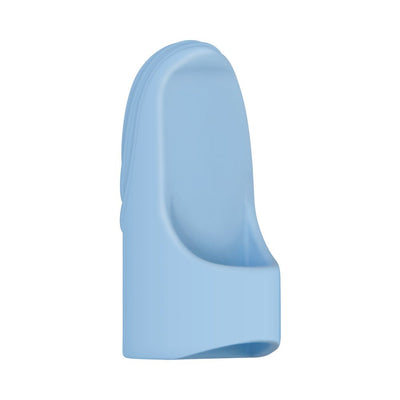Light blue silicone vibrating finger ring with ribbed texture and open-ended design for easy fit and targeted stimulation.