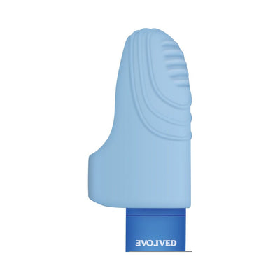 Light blue silicone vibrating finger ring with textured tip and blue base labeled Evolved, designed for targeted stimulation.