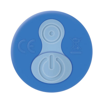 Close-up of blue silicone vibrating finger ring with power and function buttons on top surface.