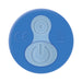 Close-up of blue silicone vibrating finger ring with power and function buttons on top surface.