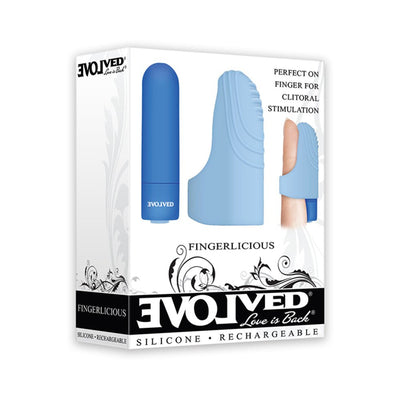 Packaging of Evolved Fingerlicious rechargeable silicone vibrating finger ring in blue for targeted clitoral stimulation.