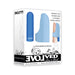 Packaging of Evolved Fingerlicious rechargeable silicone vibrating finger ring in blue for targeted clitoral stimulation.