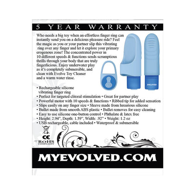 Blue rechargeable vibrating finger ring with ribbed tip and one-button remote control shown with product details and warranty information.