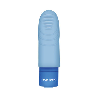 Blue rechargeable silicone vibrating finger ring with textured tip and compact design by Evolved.