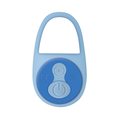 Light blue silicone vibrating finger ring with control buttons on a darker blue circular panel.