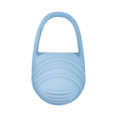 Light blue silicone vibrating finger ring with textured ridges and a looped band for easy wear.