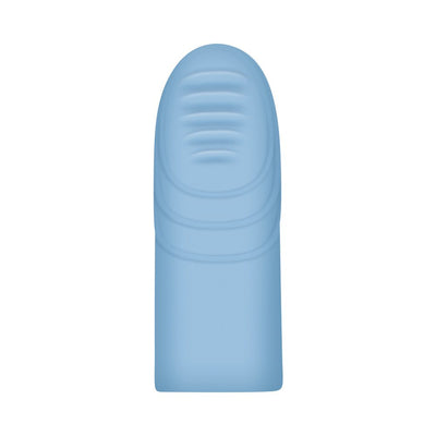 Light blue silicone vibrating finger sleeve with textured ribbed tip for enhanced stimulation.