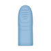 Light blue silicone vibrating finger sleeve with textured ribbed tip for enhanced stimulation.