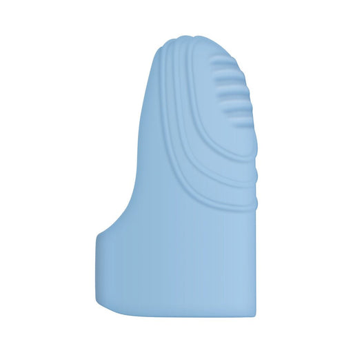Light blue silicone vibrating finger ring with textured ribbed tip for enhanced stimulation.