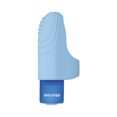 Light blue silicone vibrating finger ring with textured tip and removable blue bullet vibrator base.