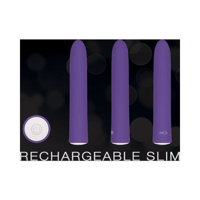 Purple slim rechargeable vibrator shown from three angles with power button icon on black background