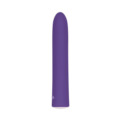 Slim, rechargeable purple vibrator with smooth, tapered design and discreet size for versatile personal use.