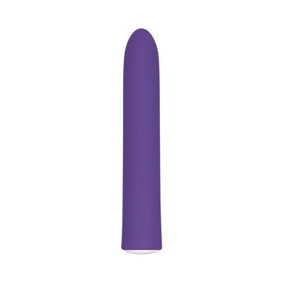 Slim, rechargeable purple vibrator with a smooth, tapered design and seven vibration settings.
