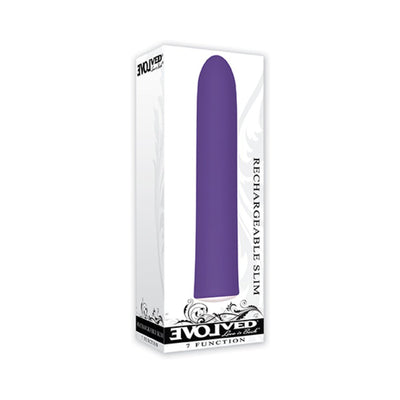 Purple slim rechargeable vibrator in white packaging with black decorative text and 7 function label.