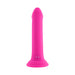 Pink silicone vibrator with a suction cup base, smooth shaft, and rounded tip, shown upright on a white background.