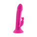 Pink silicone vibrating rabbit with suction cup base and dual motors for versatile stimulation.