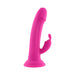 Pink silicone vibrating rabbit-style adult toy with suction cup base and dual motors.