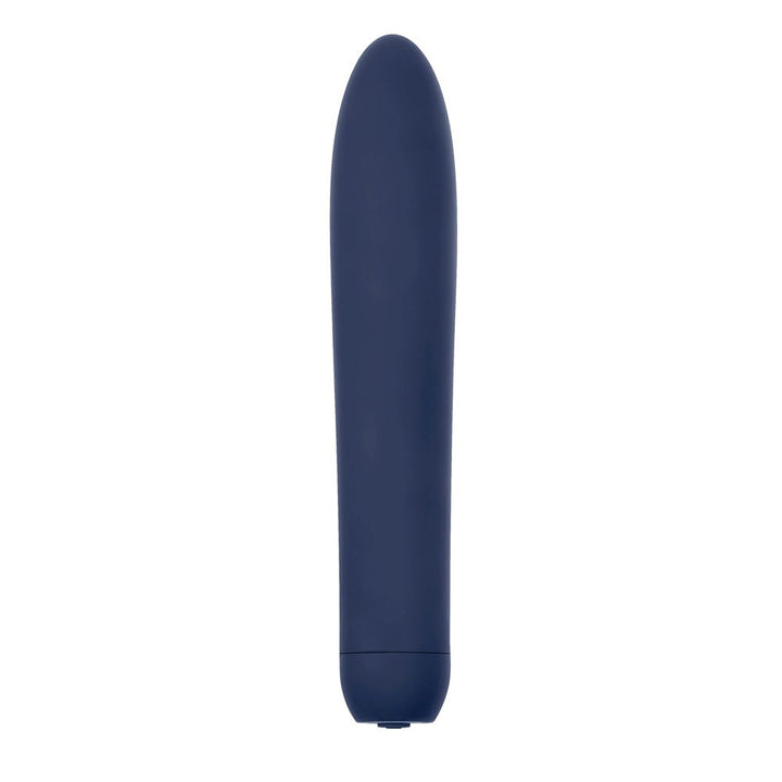 Sleek blue straight vibrator with smooth surface and rounded tip, designed for versatile, powerful stimulation.