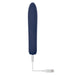 Blue straight vibrator with smooth surface and USB charging cable attached, shown on white background.