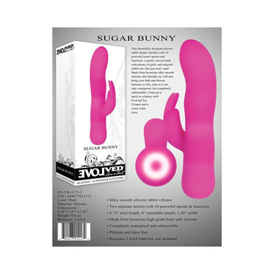 Pink silicone rabbit vibrator with curved shaft and dual motors, shown with packaging and product details.