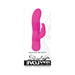 Pink silicone rabbit vibrator with curved shaft and dual motor ears, featuring 10 speeds and functions.