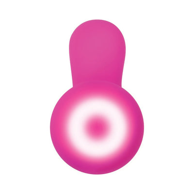 Top view of the pink Evolved Sugar Bunny Silicone Vibrator showing its rounded control base and curved shaft.