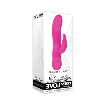 Packaging box of the Evolved Sugar Bunny Silicone vibrator in bright pink with dual stimulation design.