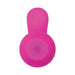 Top view of a pink silicone vibrator with a rounded base and a curved extension.