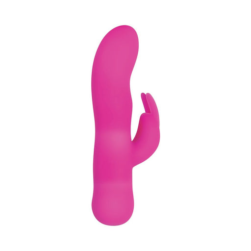 Pink silicone rabbit vibrator with curved shaft and dual motor ears for targeted stimulation.