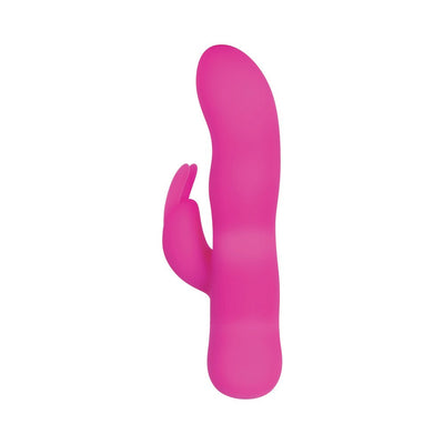 Pink silicone rabbit vibrator with curved shaft and dual stimulation ears, designed for versatile and targeted pleasure.